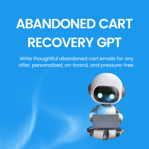 Robotic character holding a laptop with text about abandoned cart recovery GPT on a blue background