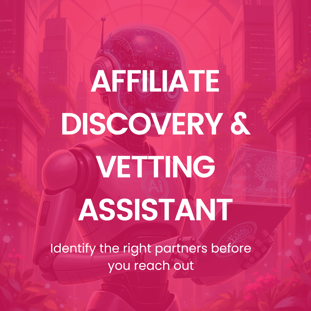 Robotic figure with text about affiliate discovery and vetting assistant on a red background