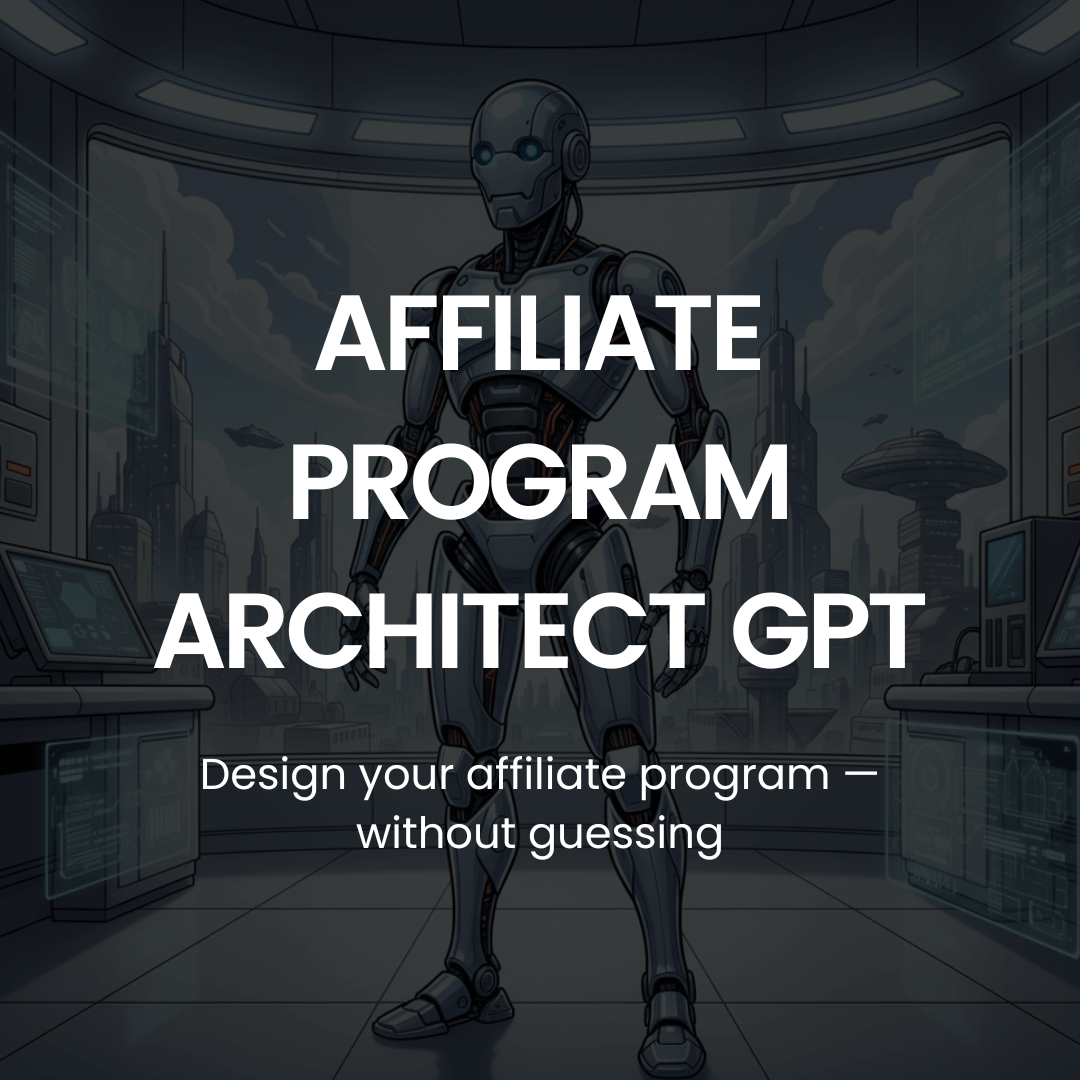 Robotic figure in a futuristic setting with text about an affiliate program architect GPT.