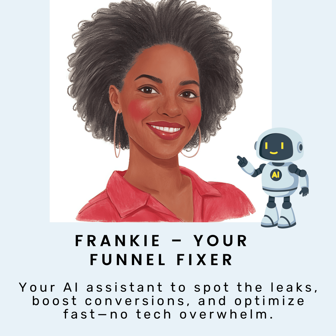 Illustration of a smiling woman with curly hair beside Frankie the Funnel Fixer robot, featuring HelloContent&