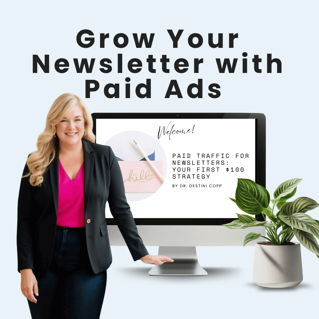 A woman stands by a desk with an iMac displaying "Grow Your Newsletter with Paid Ads Workshop" from HelloContent, highlighting how strategic paid advertising accelerates email list growth.