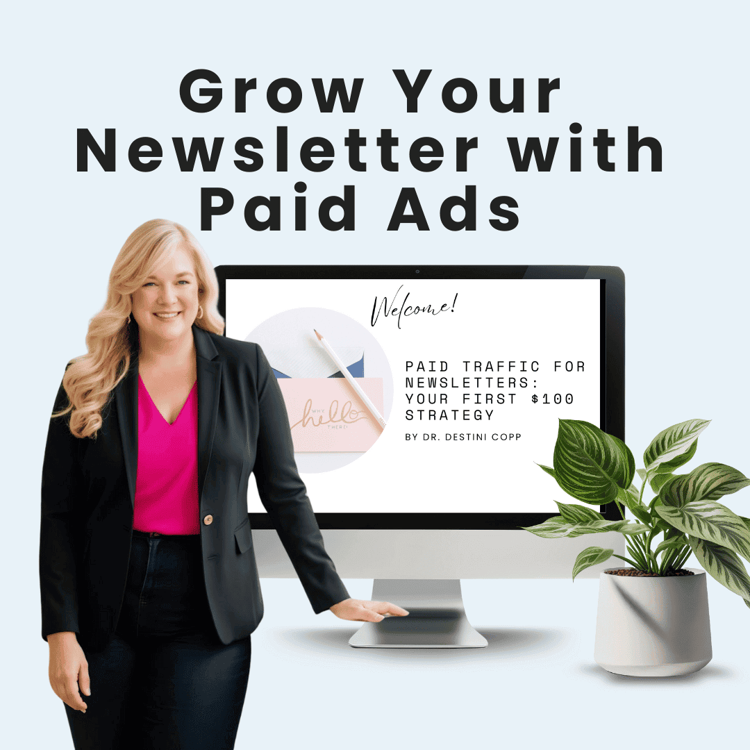 A woman stands by a desk with an iMac displaying "Grow Your Newsletter with Paid Ads Workshop" from HelloContent, highlighting how strategic paid advertising accelerates email list growth.