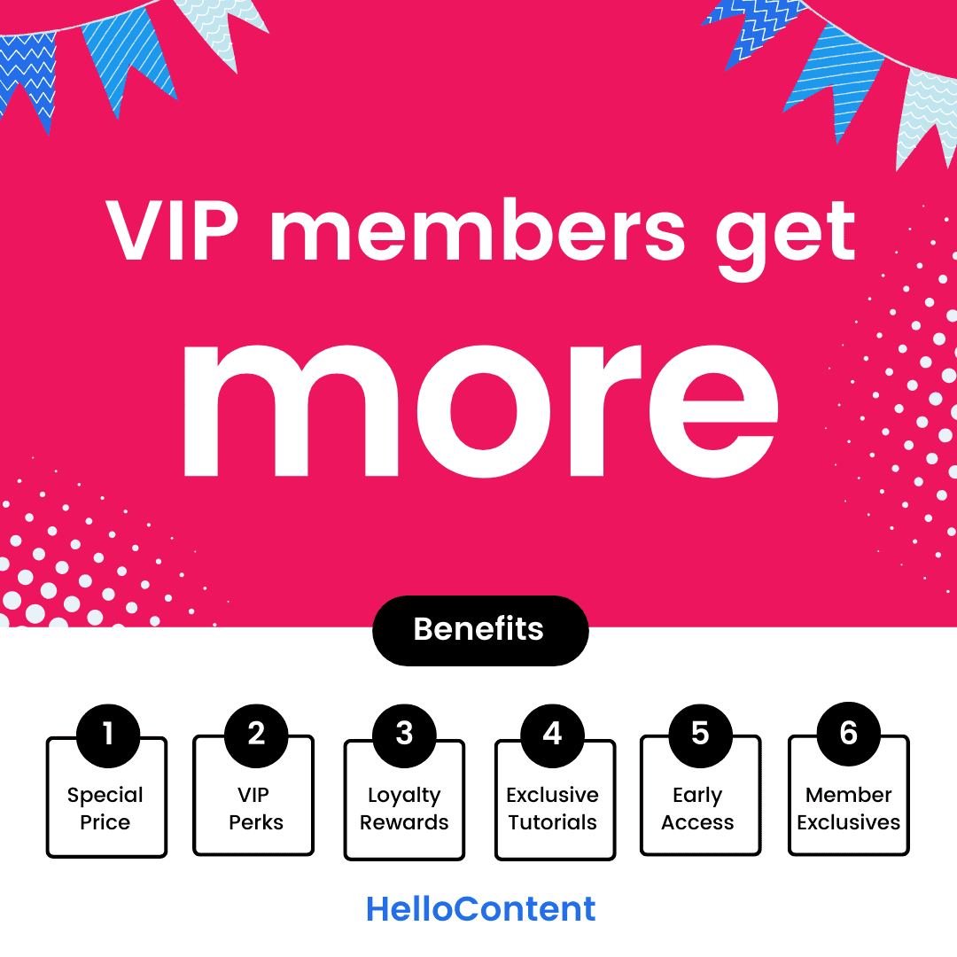 Promotional graphic stating "HelloContent VIP members get more!" with benefits including special pricing, VIP perks, loyalty rewards, exclusive tutorials, early access, and member-only exclusives.