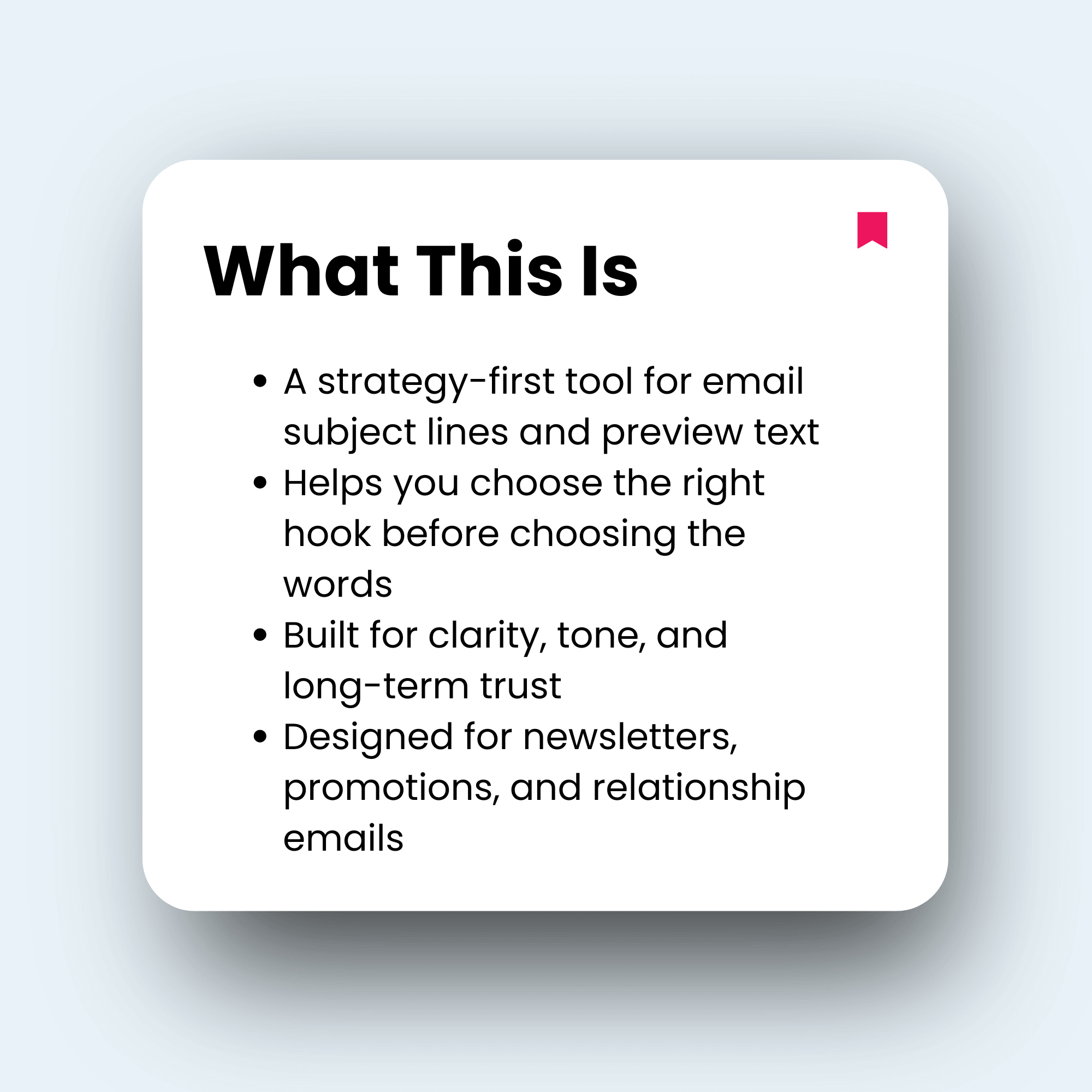 Text box describing a strategy-first tool for email subject lines and preview text on a light gray background.