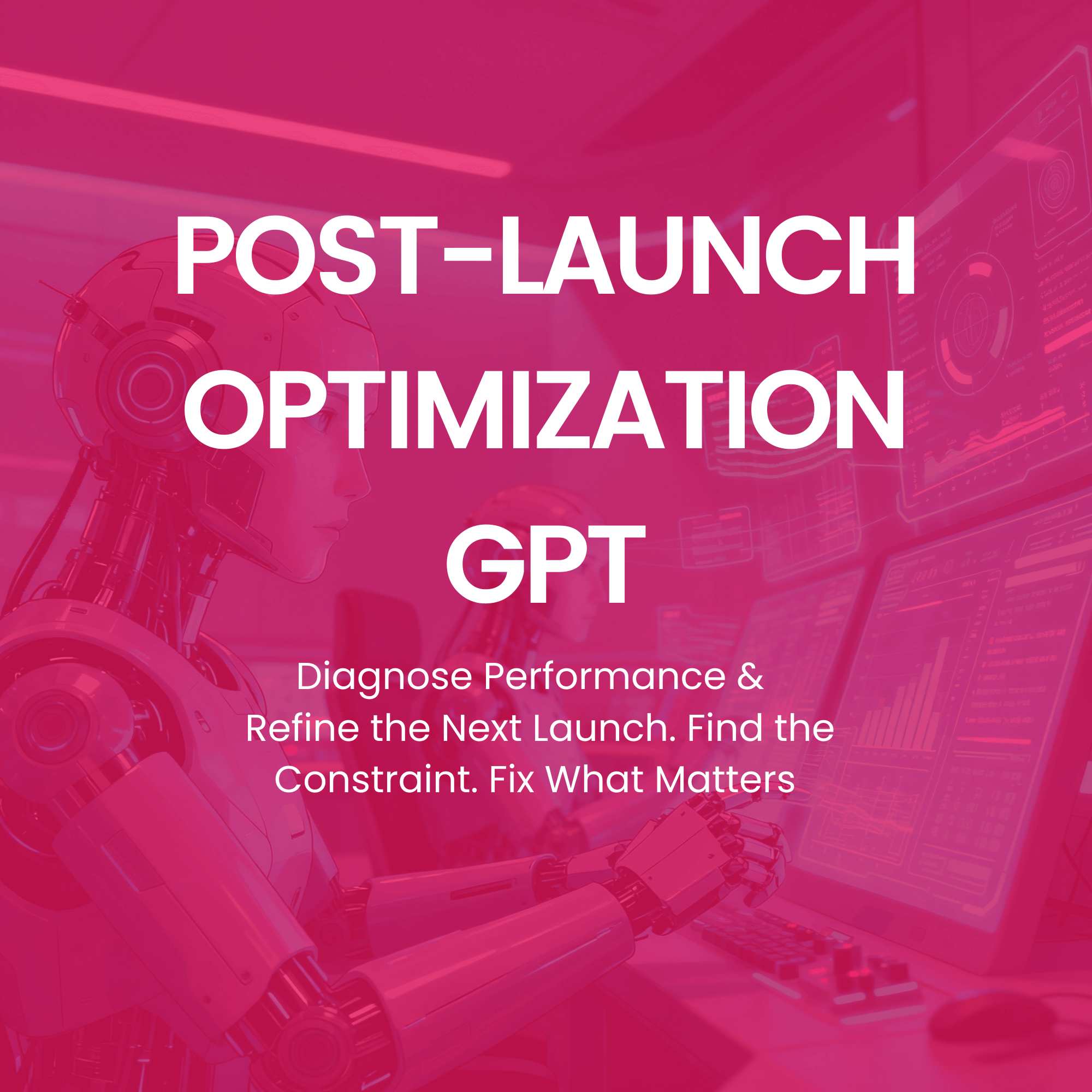 Robotic arm working on a computer with text about post-launch optimization and GPT technology.