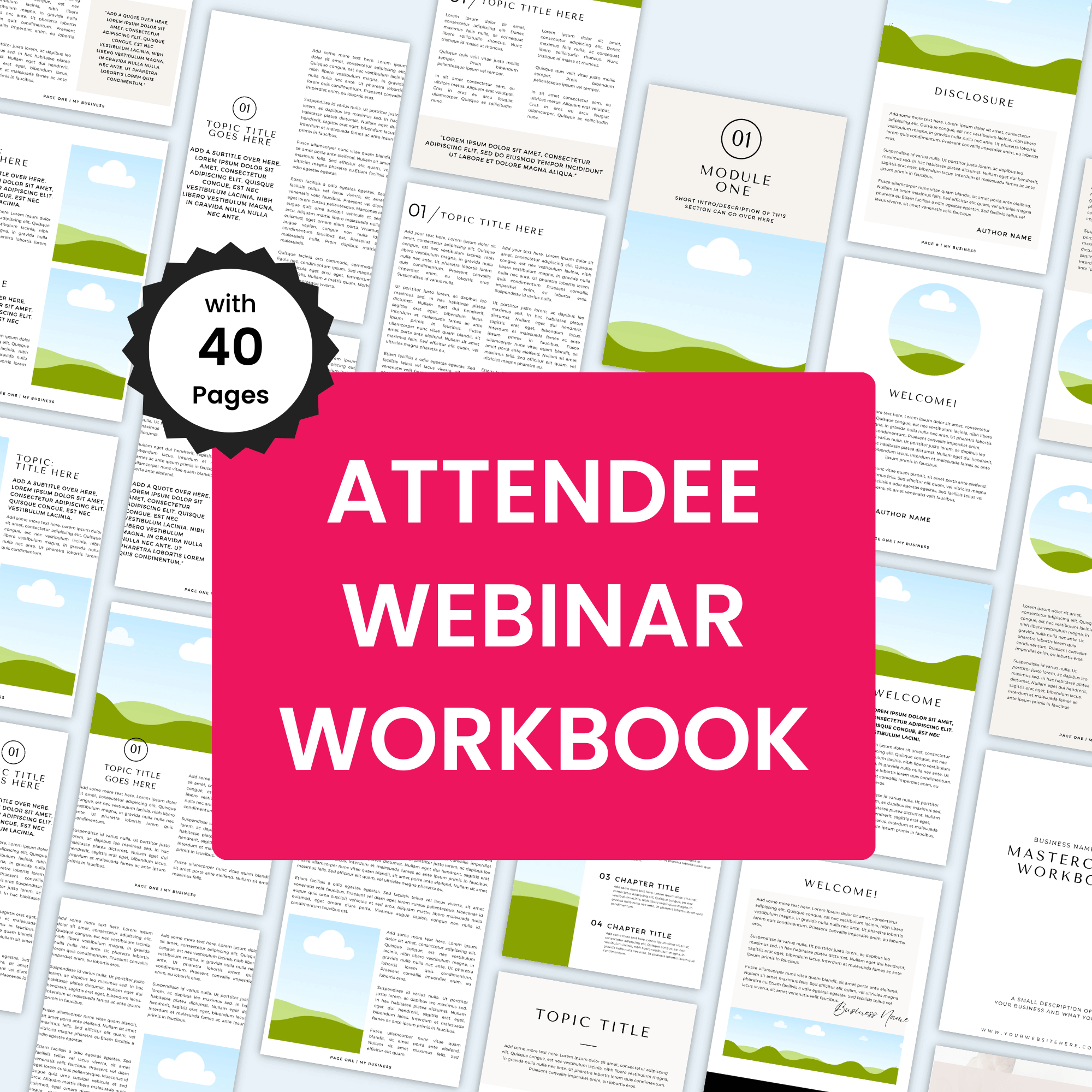Attendee webinar workbook with 40 pages on a blue background