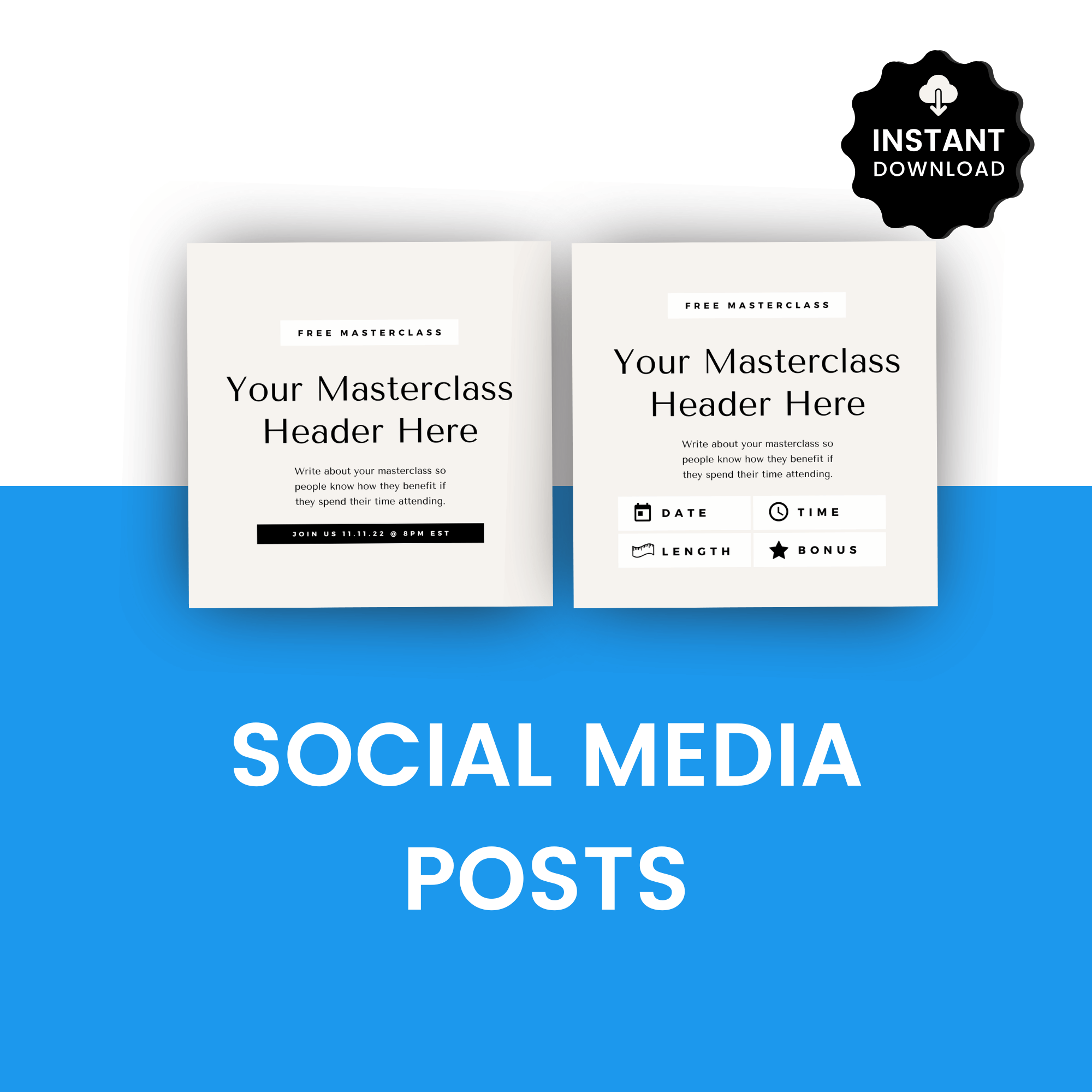 Two social media post templates with customizable text on a blue background.