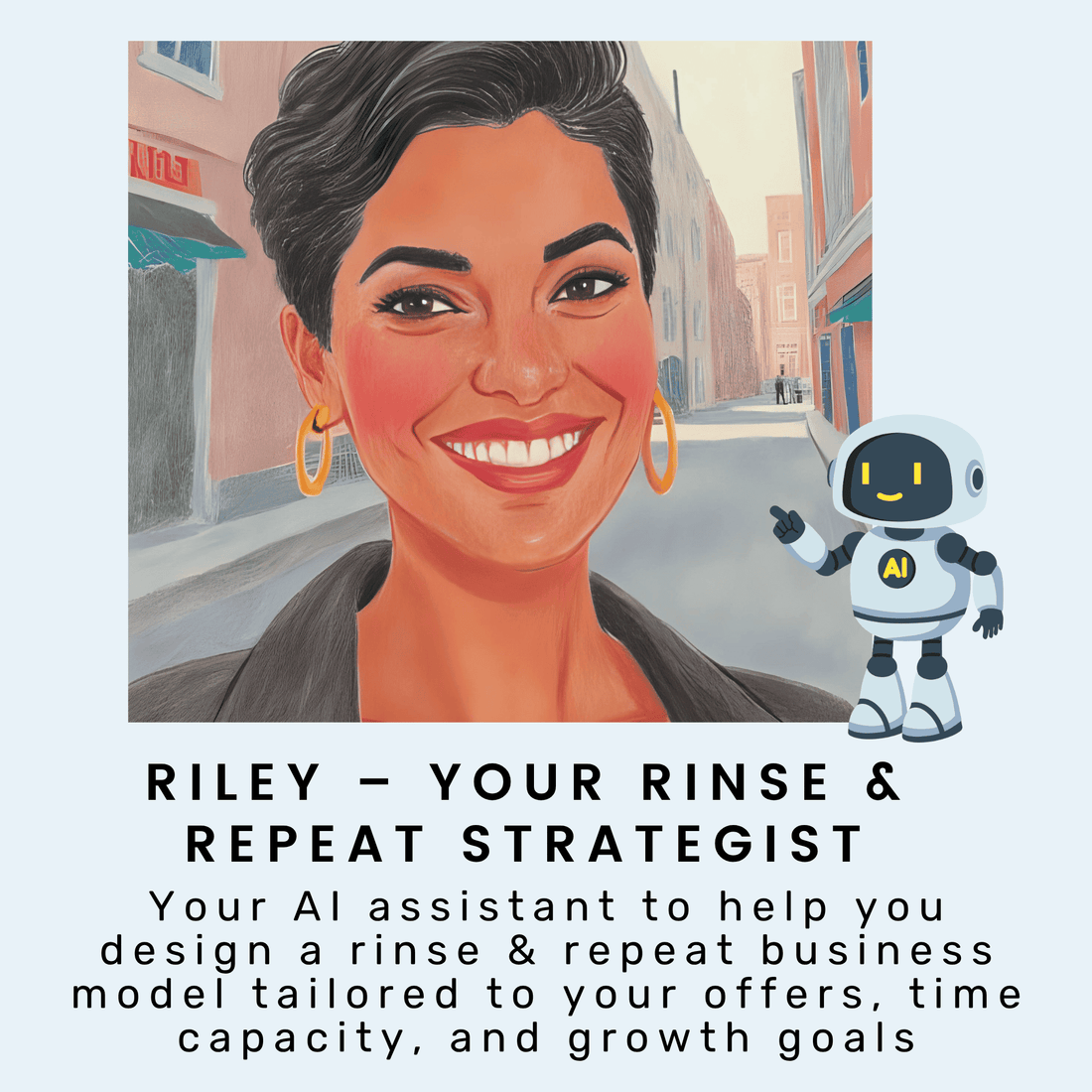 Illustration of a smiling woman and a small robot, with text introducing "Build Your Rinse & Repeat Business Model" by HelloContent—your AI-powered assistant for creating business models that drive predictable revenue.