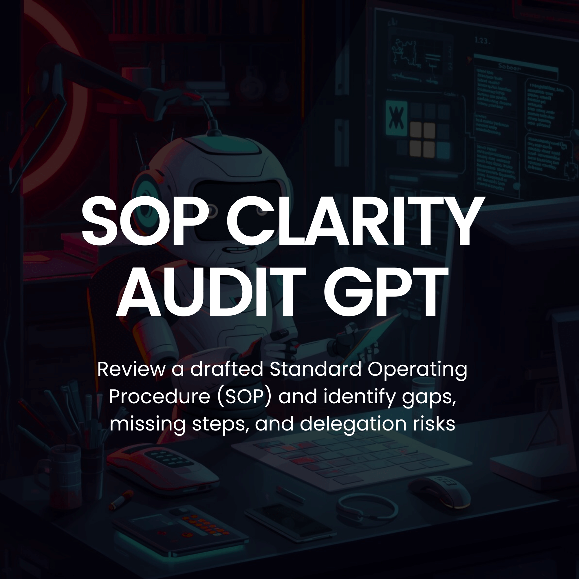 Dark background with text overlay about SOP Clarity Audit GPT
