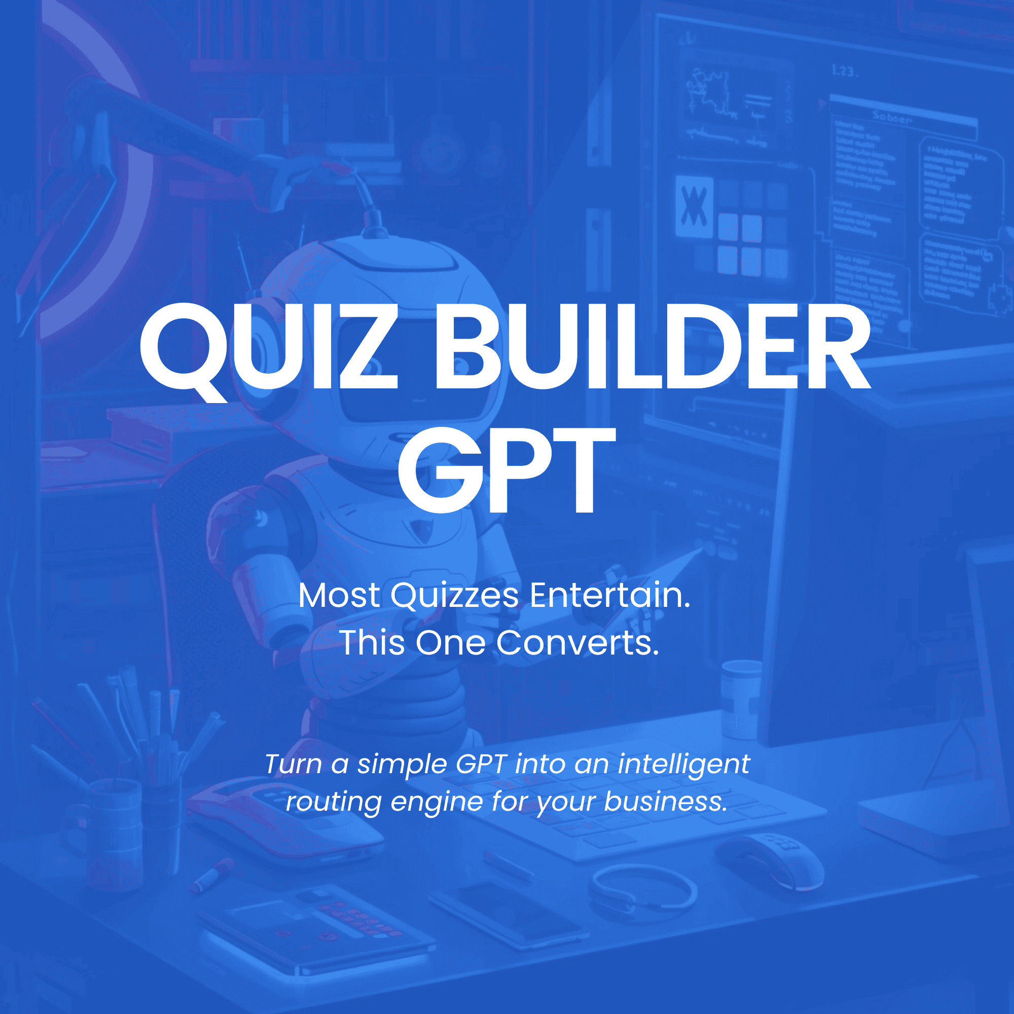 Promotional graphic for Quiz Builder GPT with a robot and computer setup.