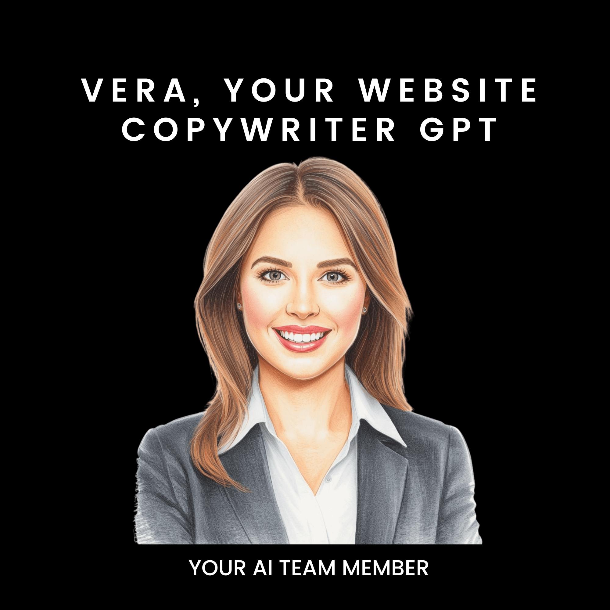 Illustration of a woman with text about Vera, a website copywriter GPT, on a black background.