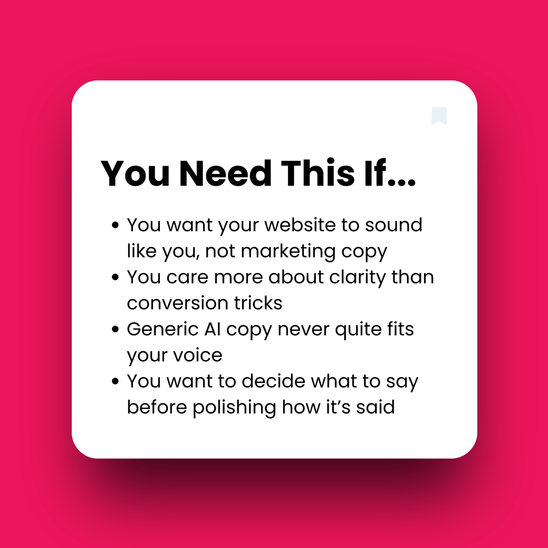 Text on a white square with a pink background, listing criteria for website content.