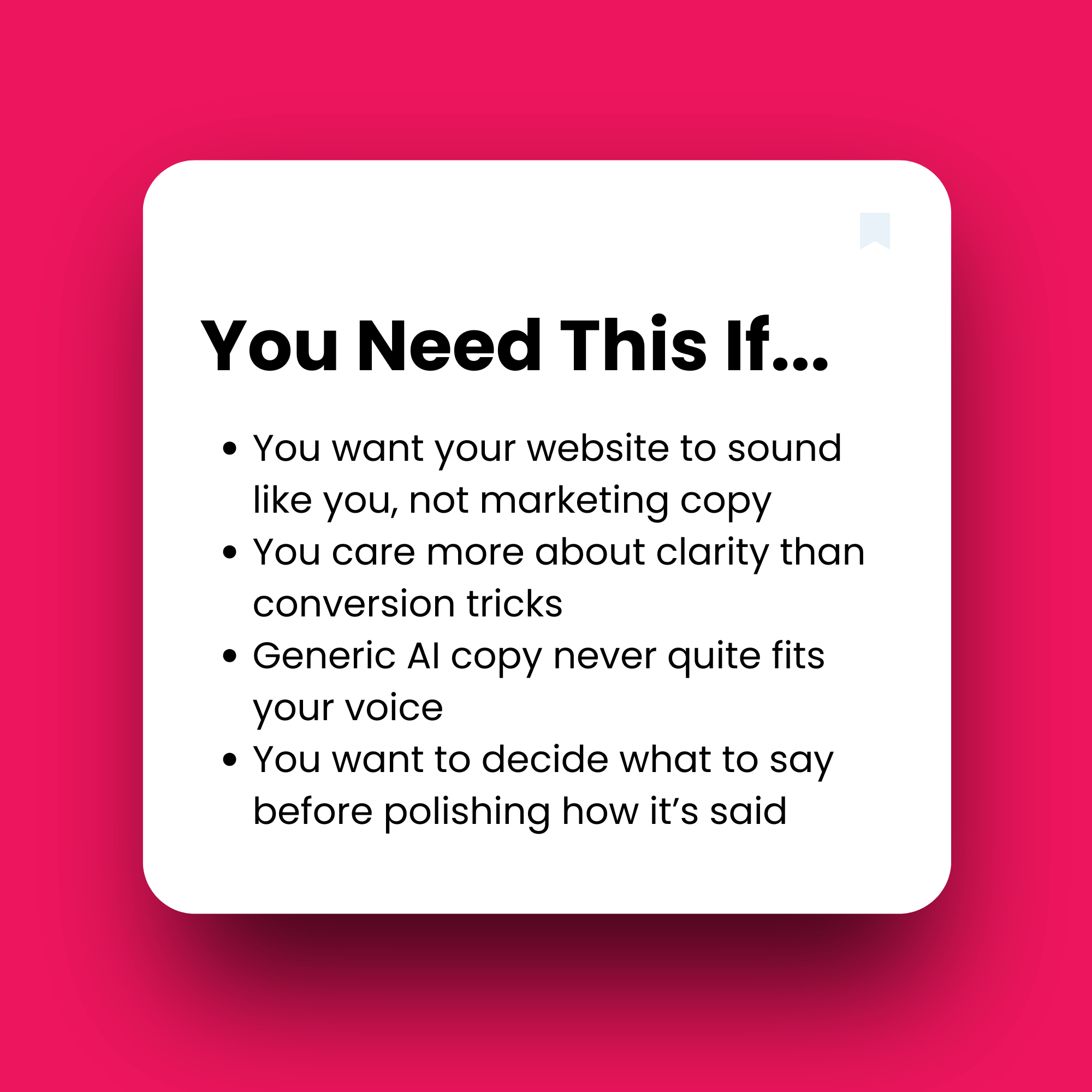 Text on a white square with a pink background, listing criteria for website content.