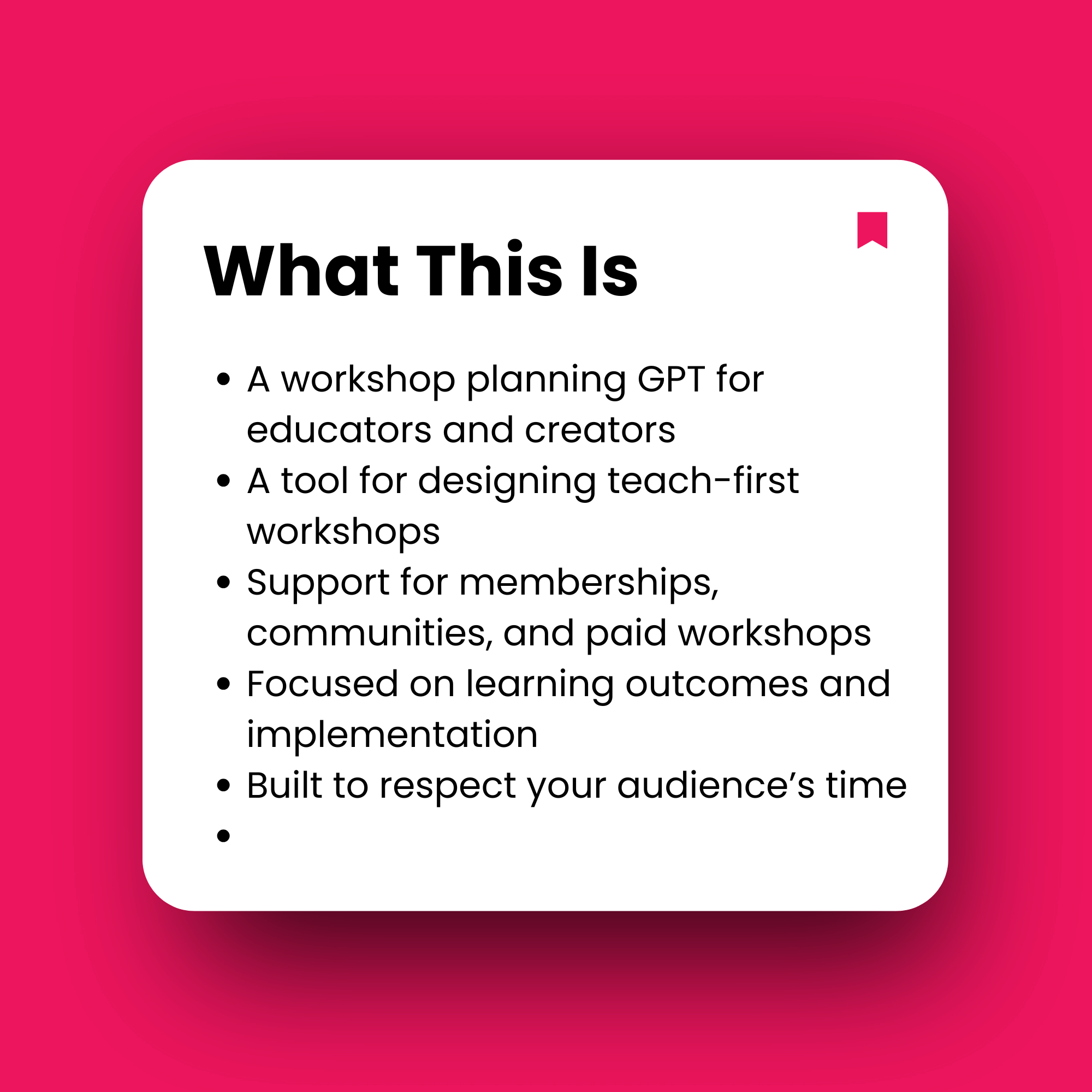 Text description of a workshop planning tool on a pink background