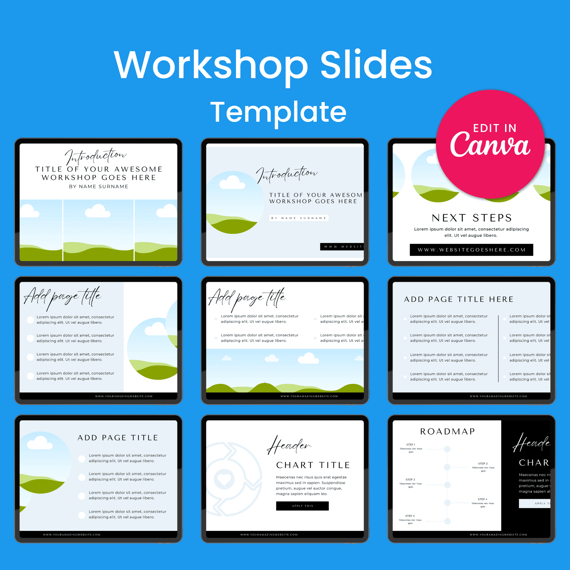 Workshop Slides Template with Canva branding on a blue background