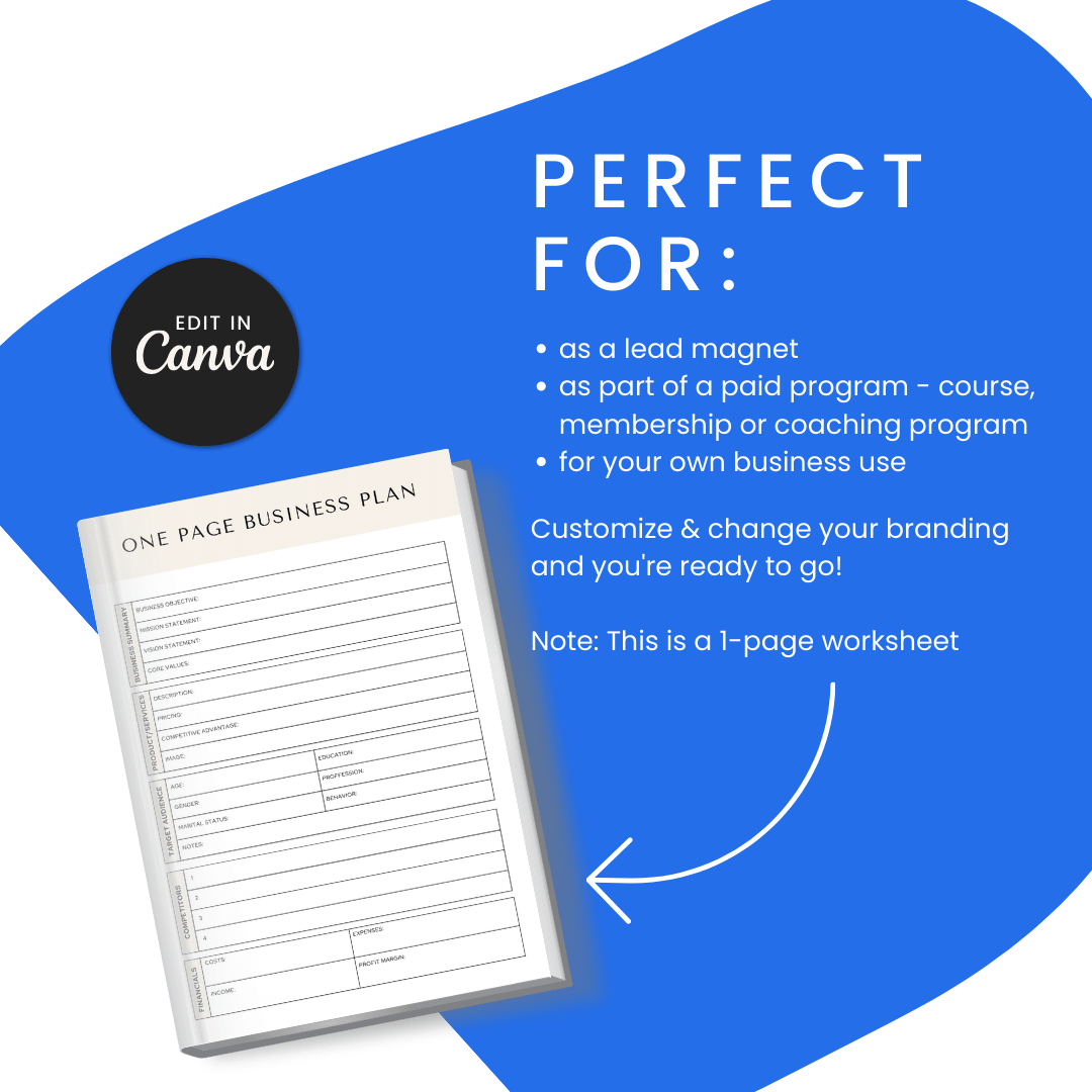 One Page Business Plan Perfect For Lead Magnet And Paid Program