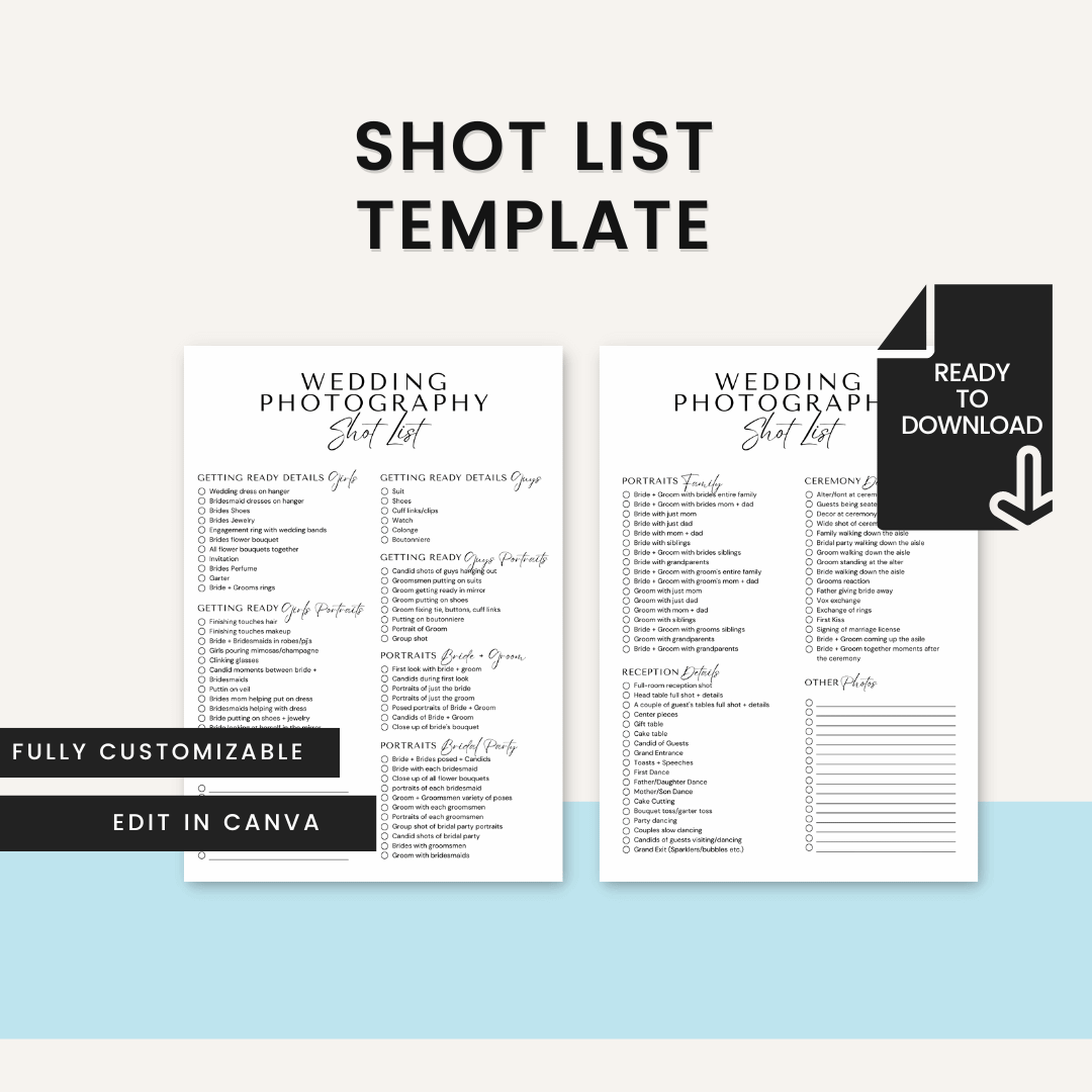 Photographer Marketing Toolkit Shot List Template
