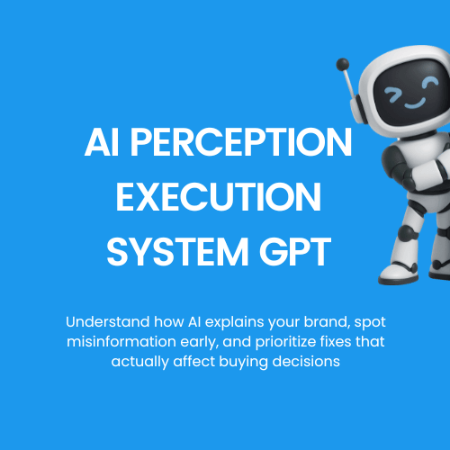 Robotic character on a blue background with text about AI perception execution system GPT