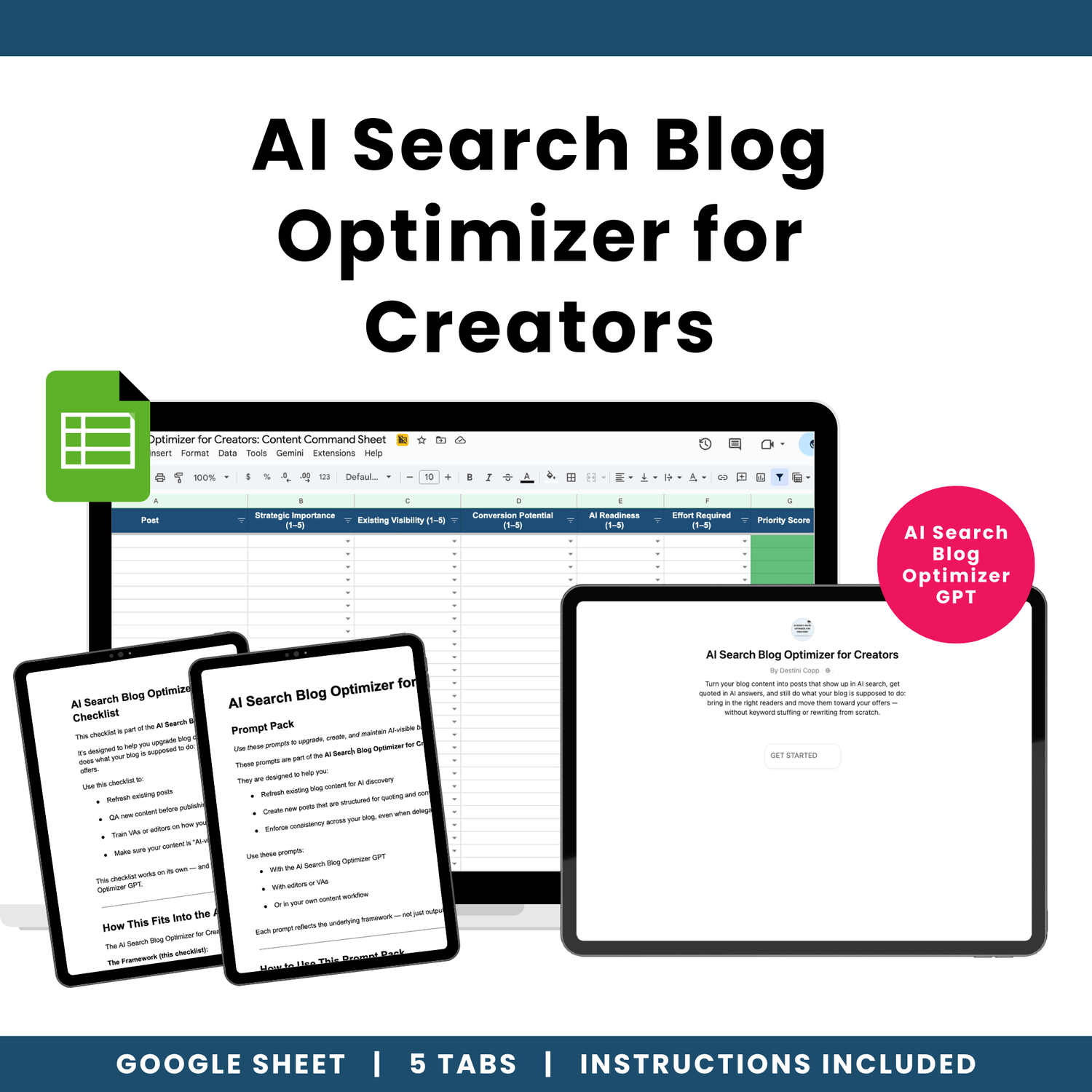 AI Search Blog Optimizer for Creators with digital tools and text on a white background