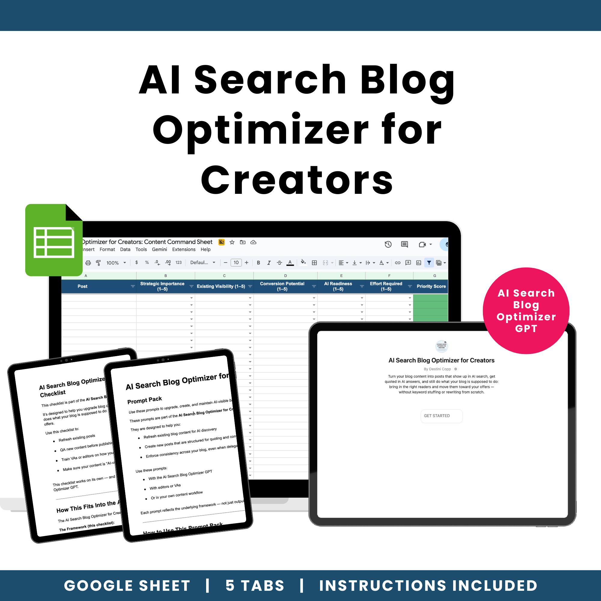 AI Search Blog Optimizer for Creators with digital tools and text on a white background