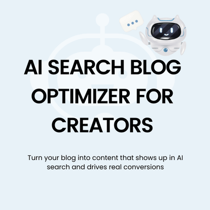AI search blog optimizer for creators with a robot icon on a light gray background
