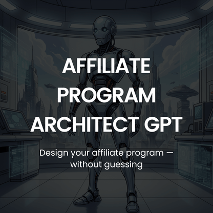 Robotic figure in a futuristic setting with text about an affiliate program architect GPT.