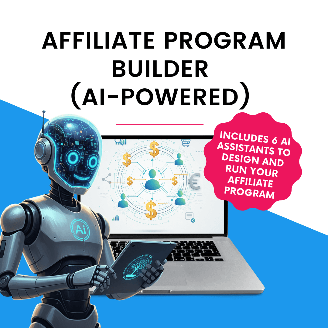 Robot holding a laptop with text about an affiliate program builder and AI assistants on a blue and white background.