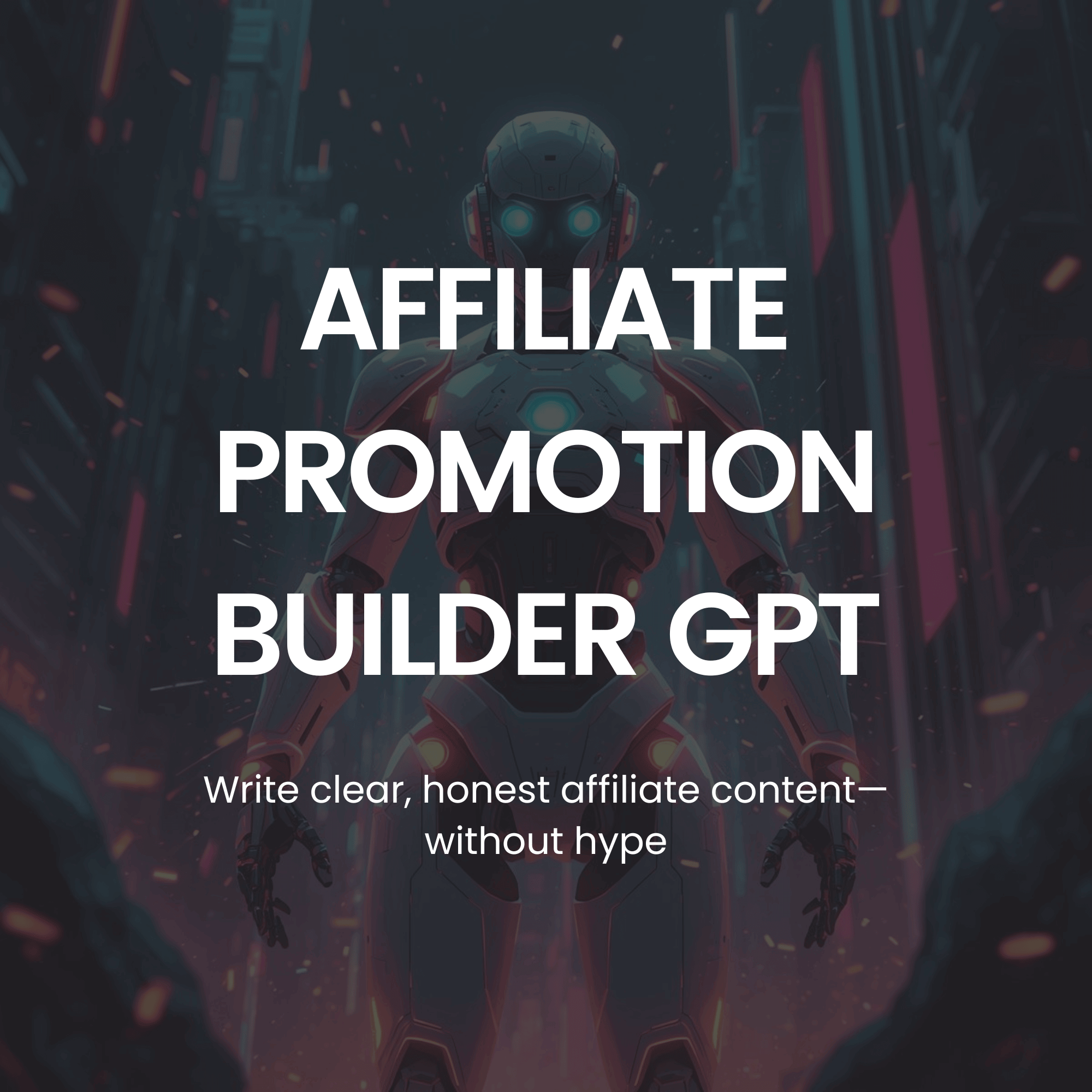 Sci-fi character with text overlay about affiliate promotion builder GPT