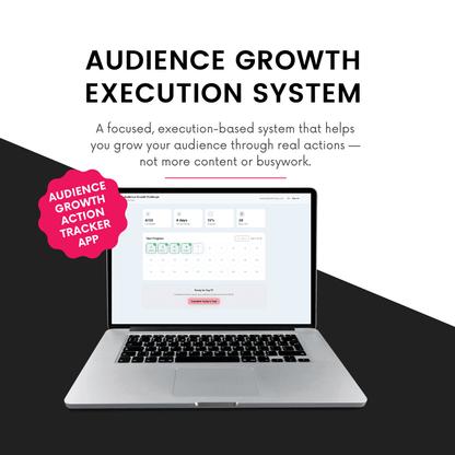 Laptop displaying an audience growth action tracker app with text about an execution-based system for growing an audience.