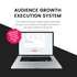Laptop displaying an audience growth action tracker app with text about an execution-based system for growing an audience.