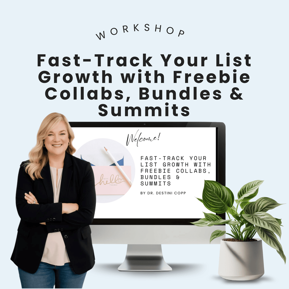 A woman smiles with arms crossed beside a monitor showing HelloContent&