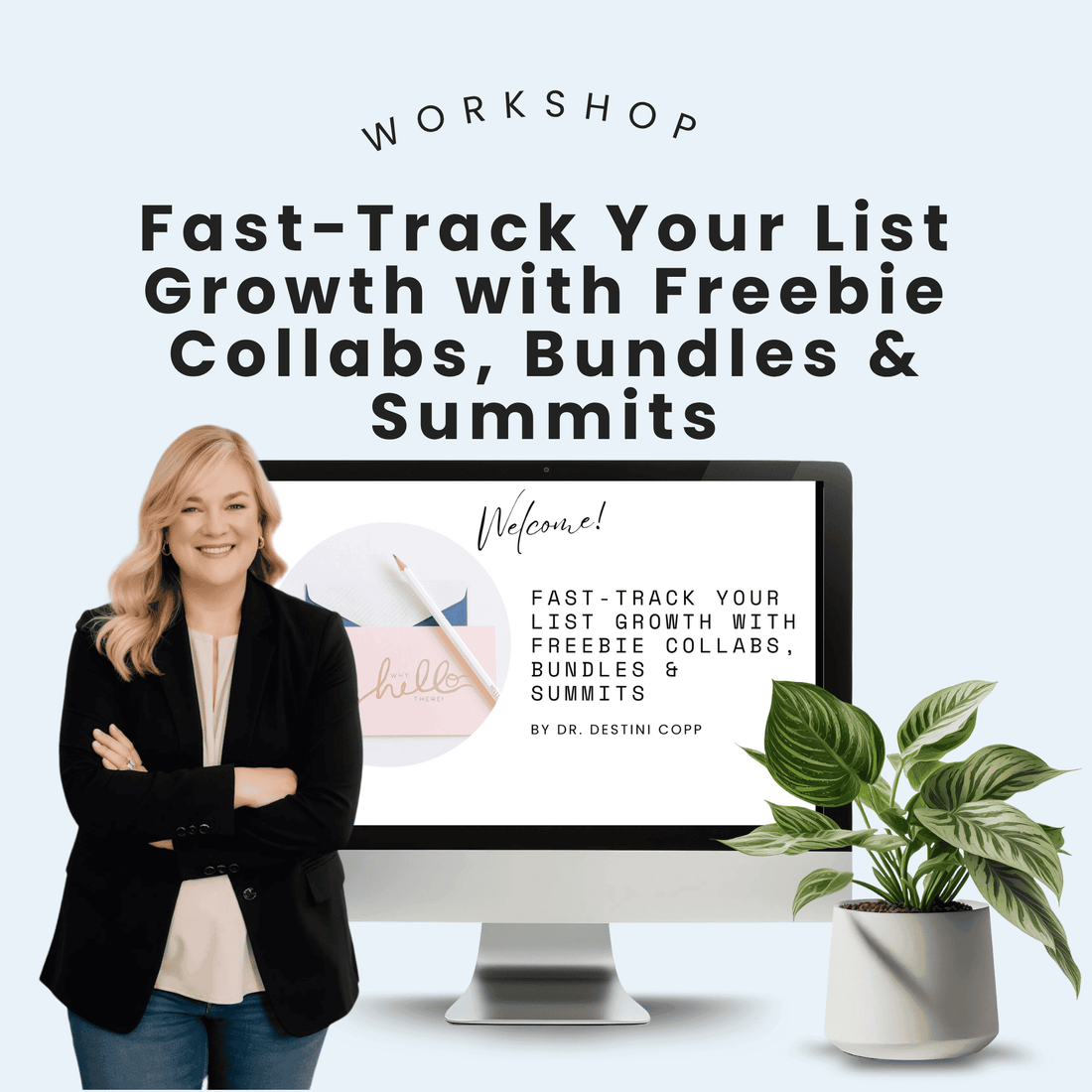 A woman smiles with arms crossed beside a monitor showing HelloContent&