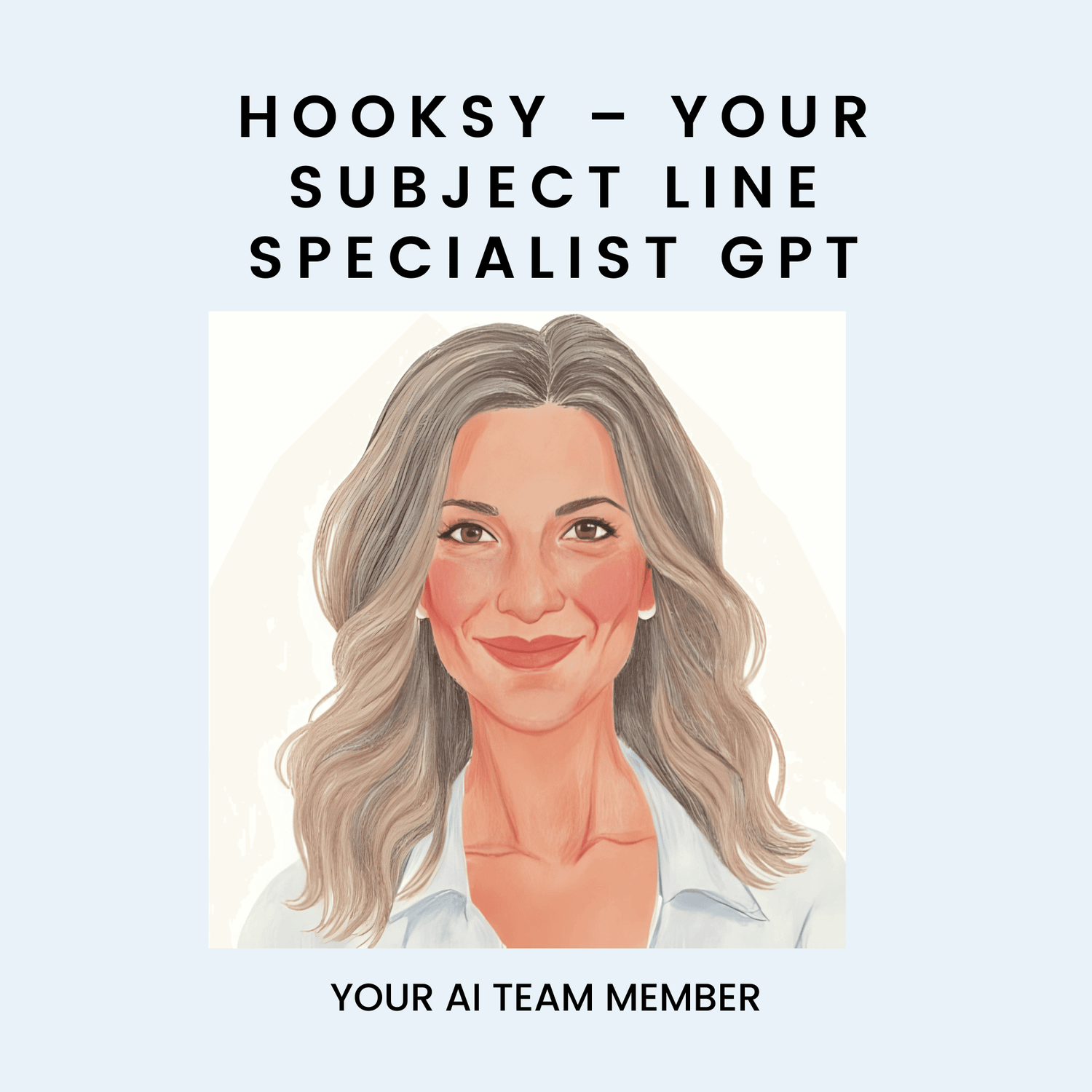 Illustration of a woman with text about Hooksy, a subject line specialist GPT, on a light blue background.