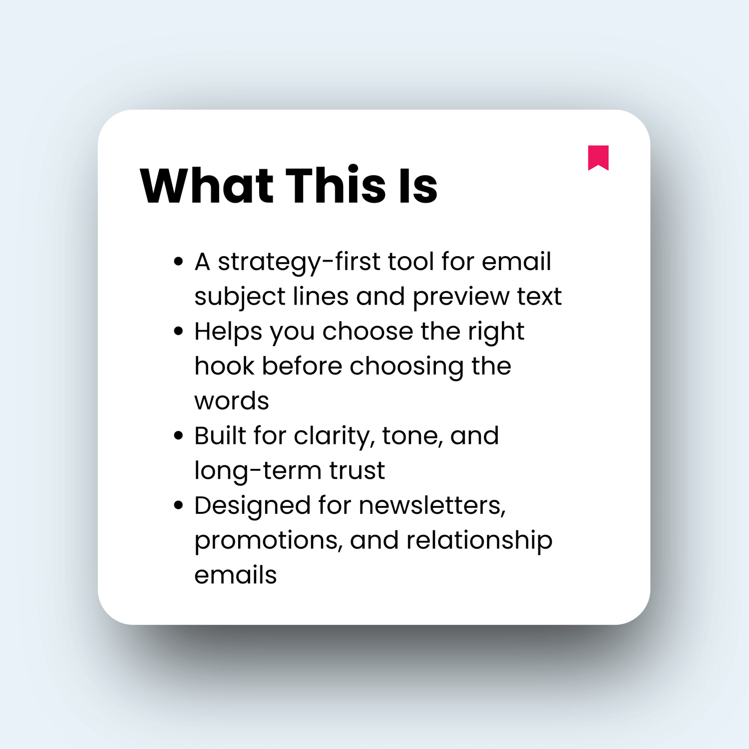 Text box describing a strategy-first tool for email subject lines and preview text on a light gray background.