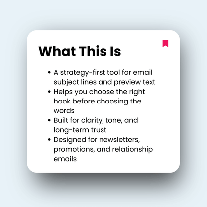 Text box describing a strategy-first tool for email subject lines and preview text on a light gray background.
