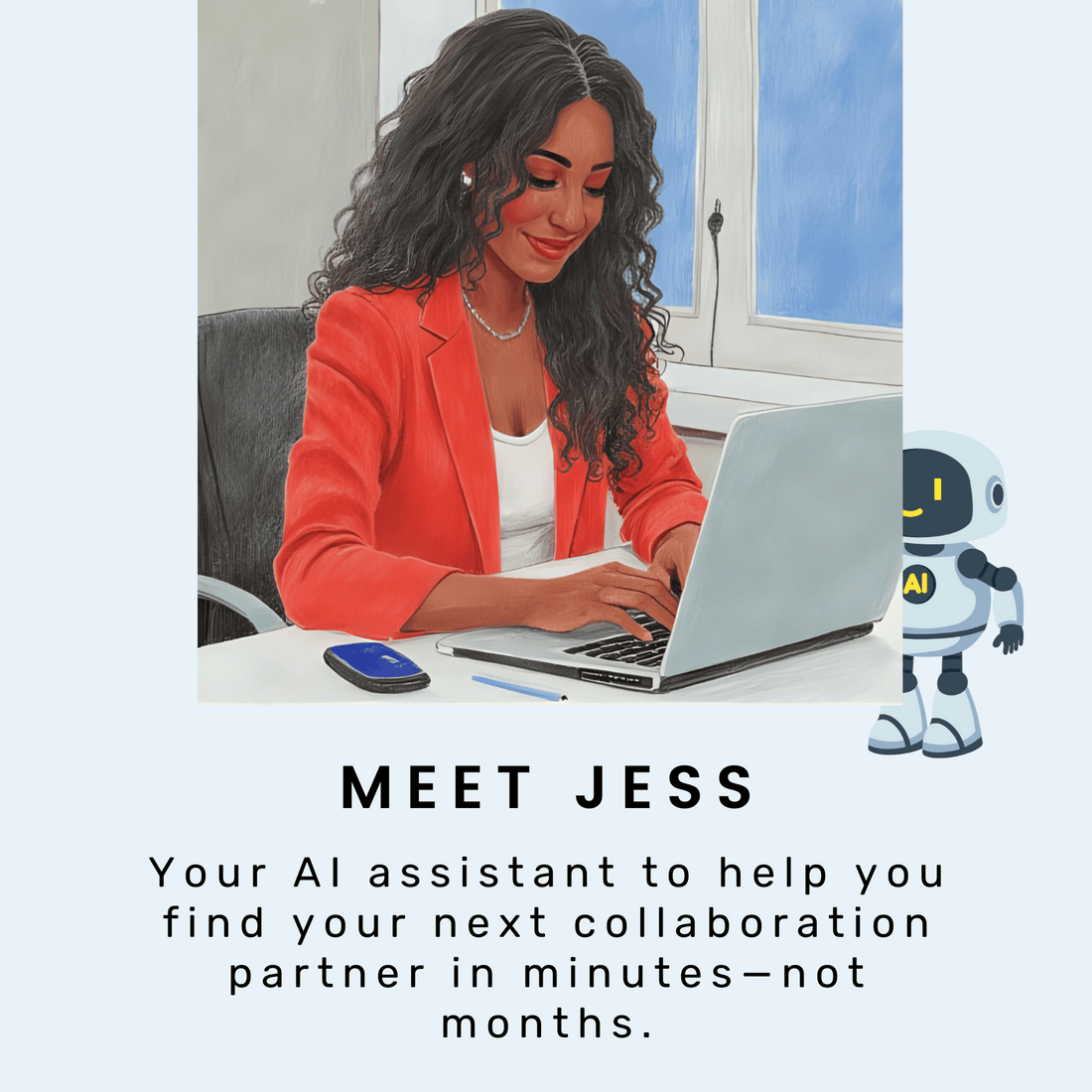 A woman in a red blazer works on her laptop with a cartoon robot at her side. She’s Jess, your AI assistant from HelloContent’s “Fast-Track Your List Growth with Freebie Collabs, Bundles &amp; Summits” for finding summit and freebie partners fast.