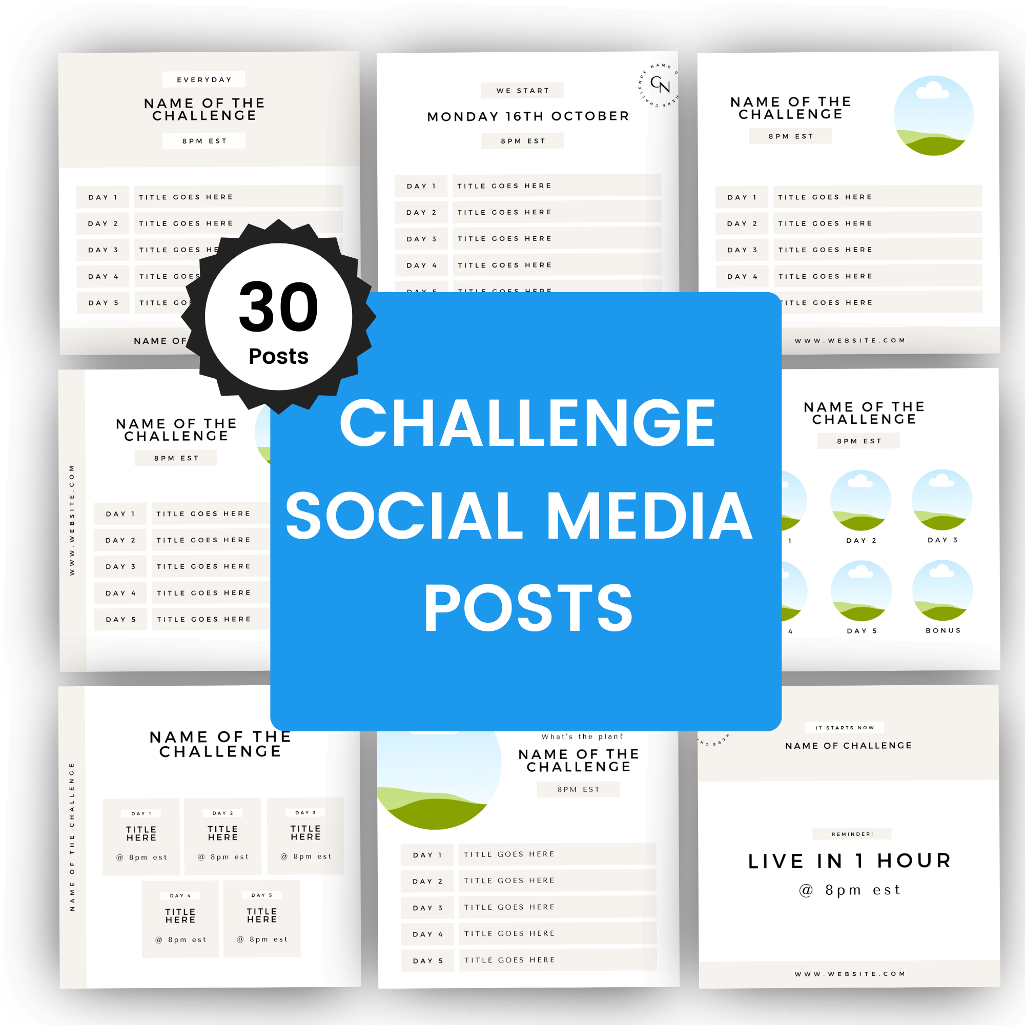 Collection of social media posts templates with text placeholders for a challenge event.