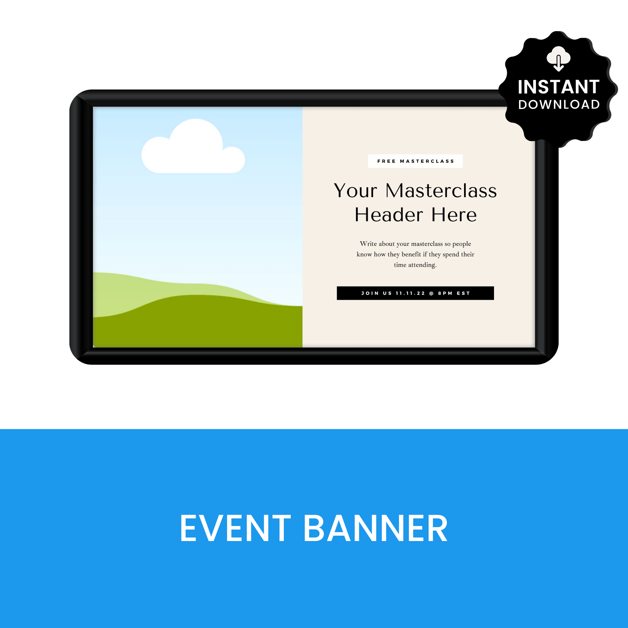 Event banner design with a landscape and text placeholder on a tablet screen, labeled &
