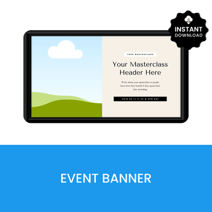 Event banner design with a landscape and text placeholder on a tablet screen, labeled &