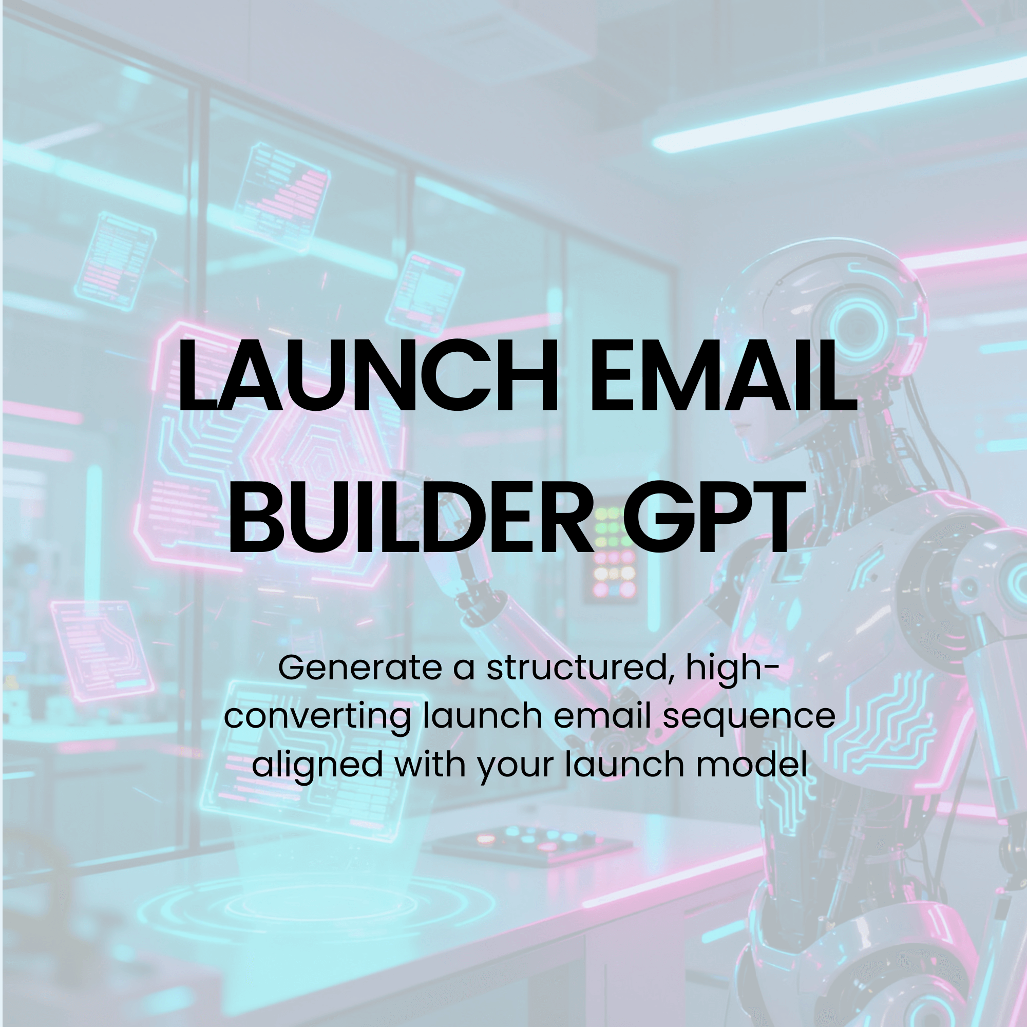 Neon-lit office with text overlay about Launch Email Builder GPT