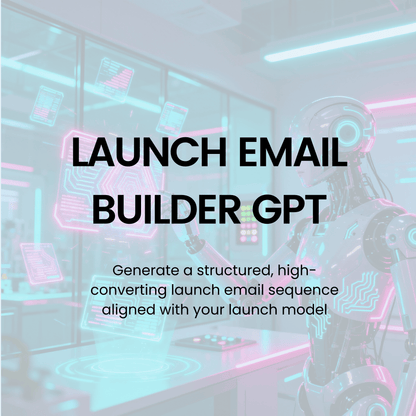 Neon-lit office with text overlay about Launch Email Builder GPT