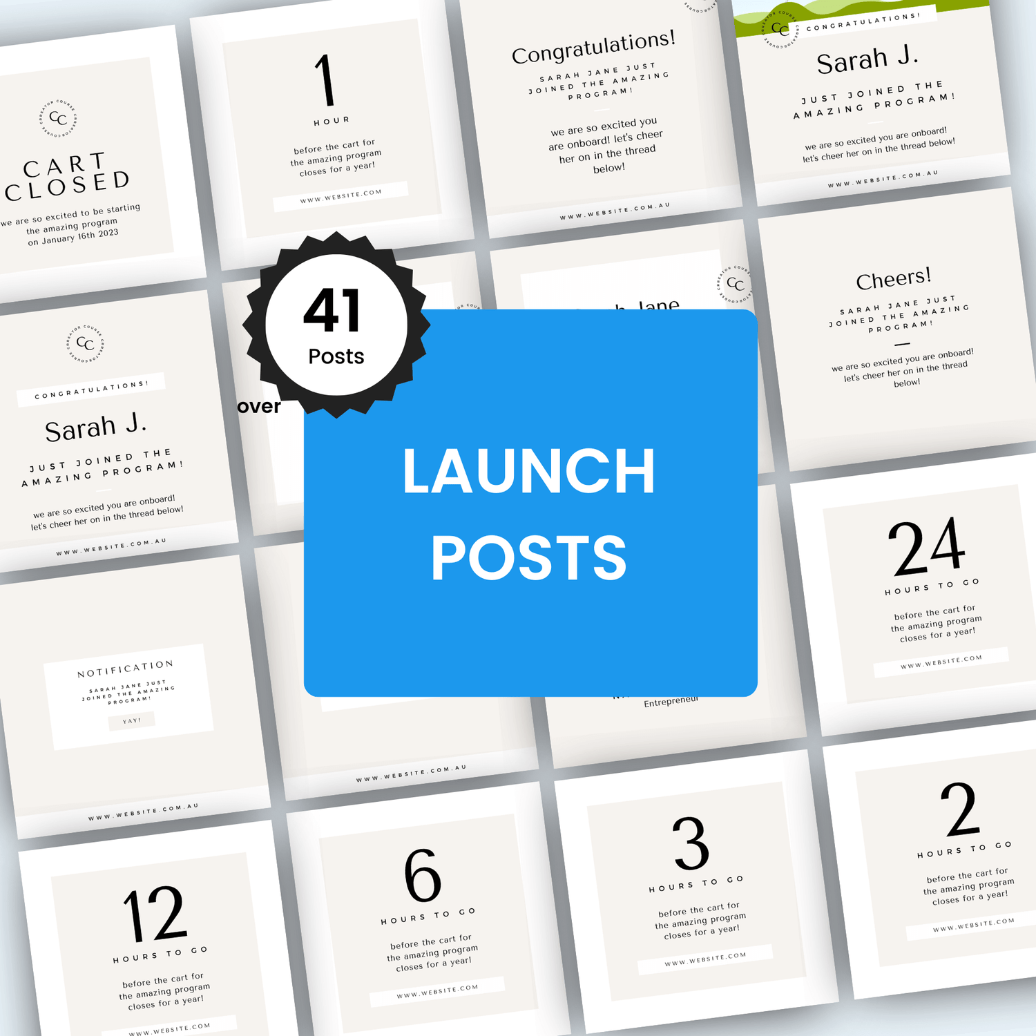 Collage of launch posts with a blue square displaying &