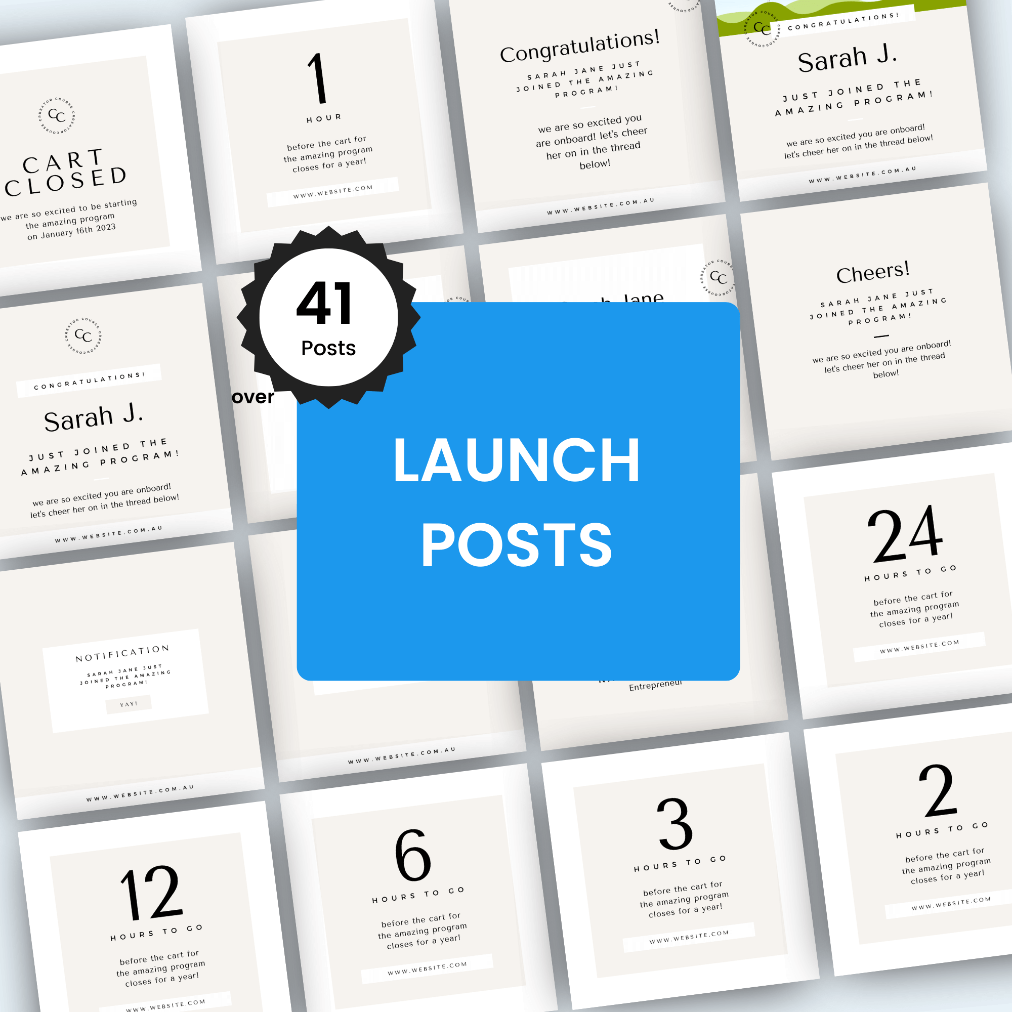 Collage of launch posts with a blue square displaying &