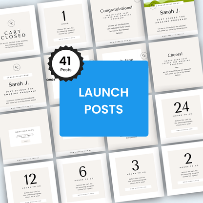 Collage of launch posts with a blue square displaying &