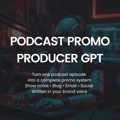 Person wearing headphones with text overlay about podcast promotion services.