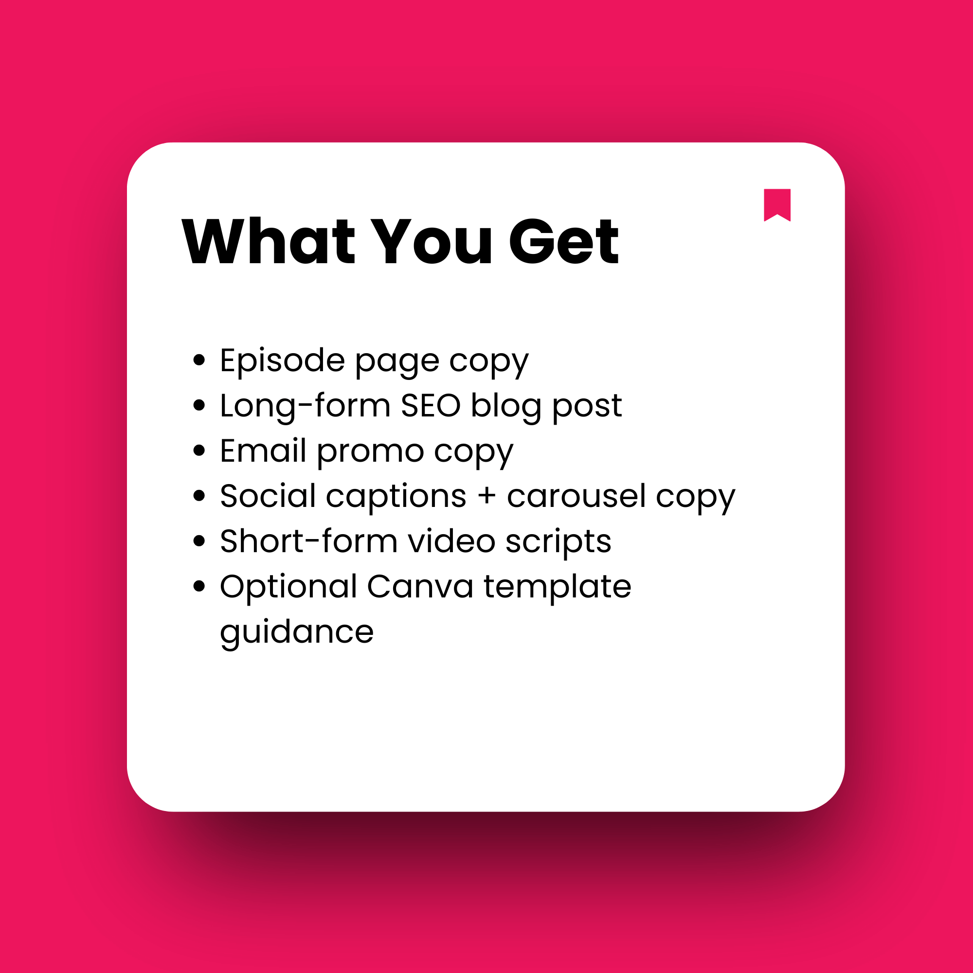 List of items included with a white square on a pink background
