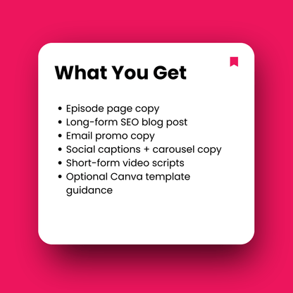 List of items included with a white square on a pink background