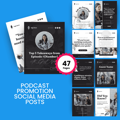Collection of podcast promotion social media posts with a blue background