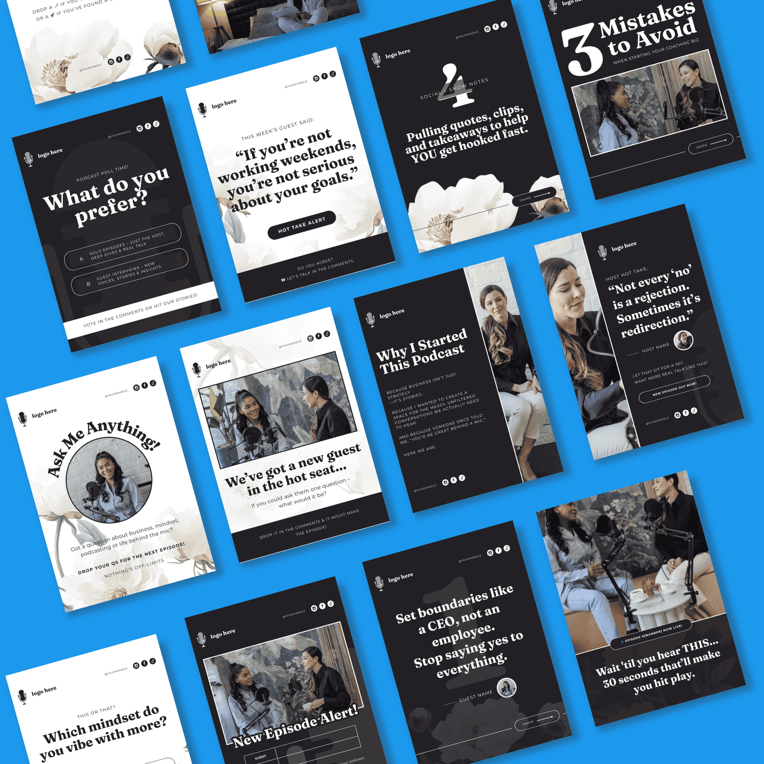 Collection of podcast episode cards with text and images on a blue background