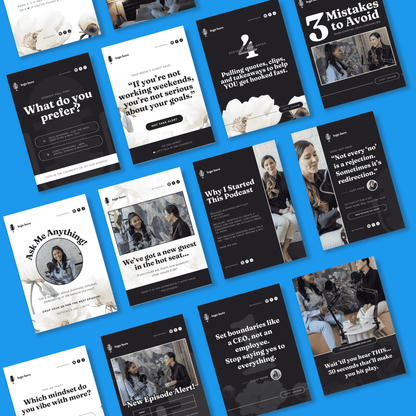 Collection of podcast episode cards with text and images on a blue background